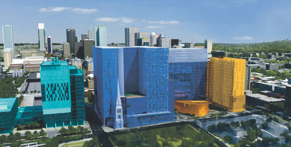 Phase 1: Centre de recherche du CHUM (Turquoise) / Phase 2: première section du nouveau CHUM (bleu) / Phase 3: amphithéâtre et reconstruction de l'édifice sur René-Lévesque (orangé)